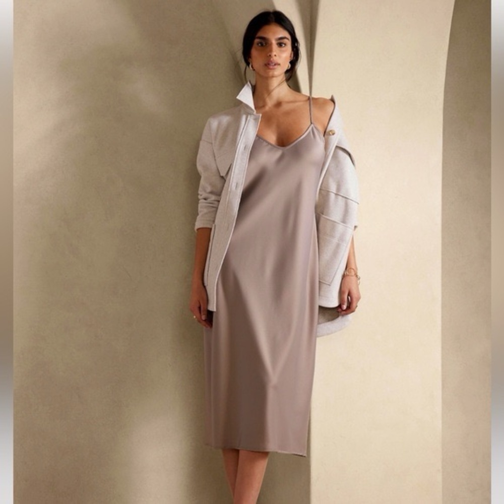 Banana Republic Taupe / Beachwood Satin Slip Dress V Neck Midi Length